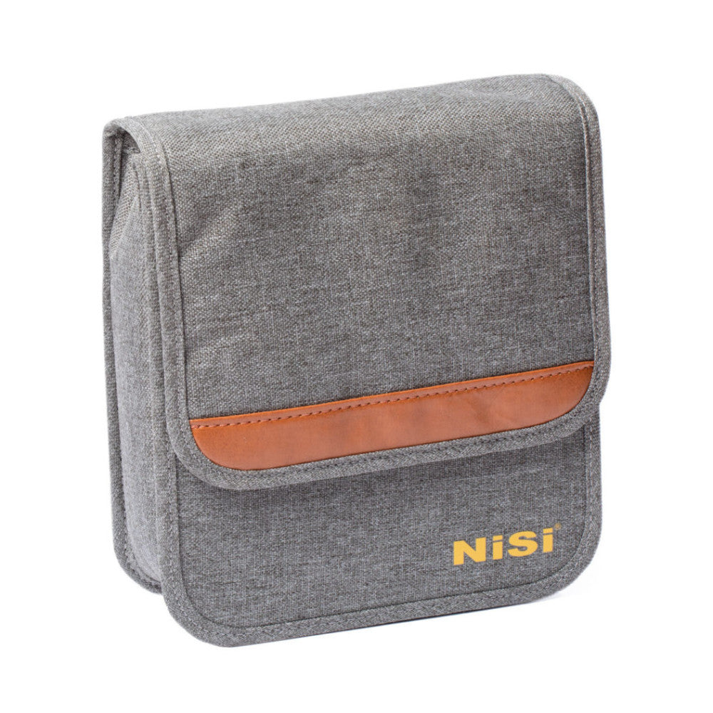 Gray fabric carrying case with brown leather accents and gold NiSi branding, shown at an angle against white background.