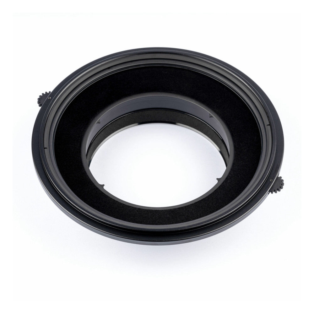 Top-down view of a circular black adapter ring with internal threads and a white center opening, shown against a white background.