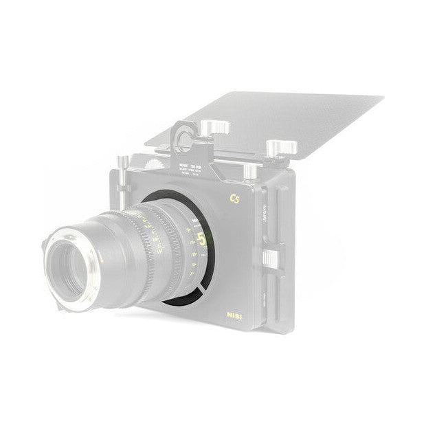 Side view of NiSi Cinema 95-80mm clamp-on adaptor attached to camera lens with matte box mounted above