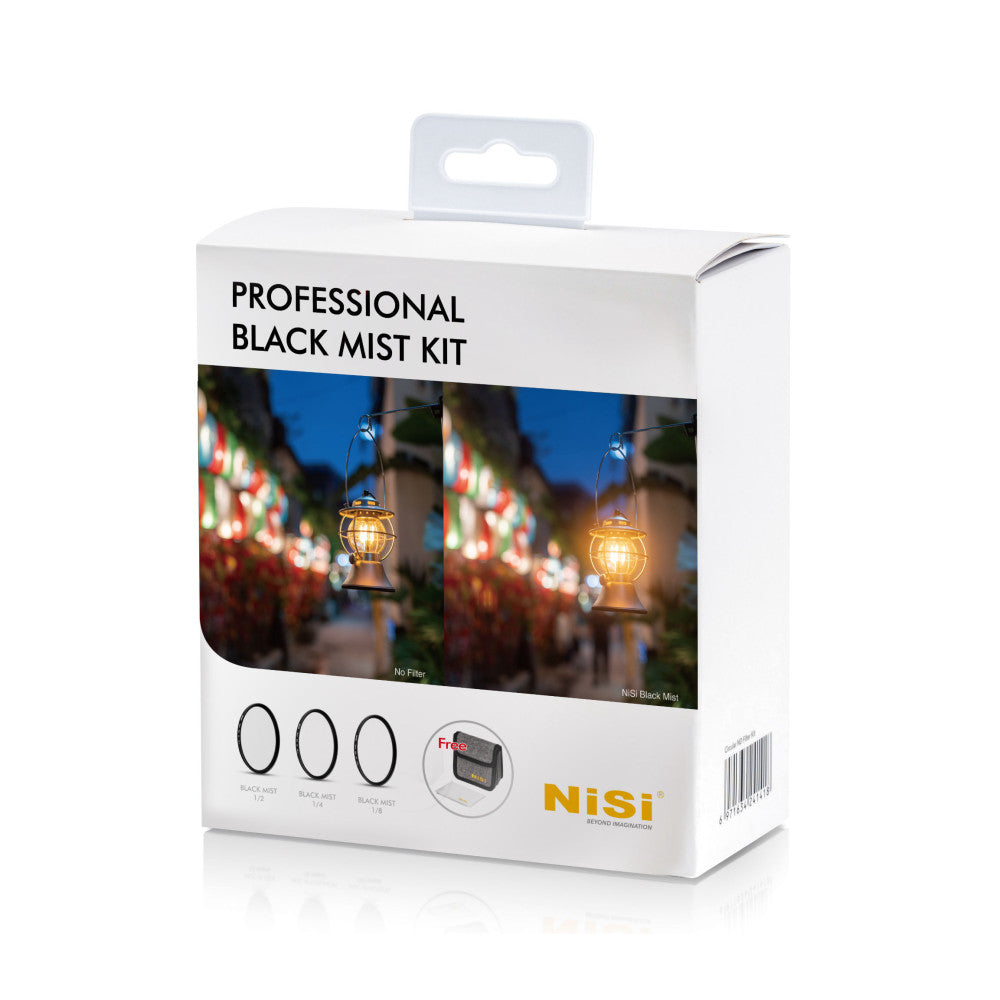 White product packaging box for NiSi Black Mist filter kit, showing before/after photos of lanterns and three circular filters displayed on front.