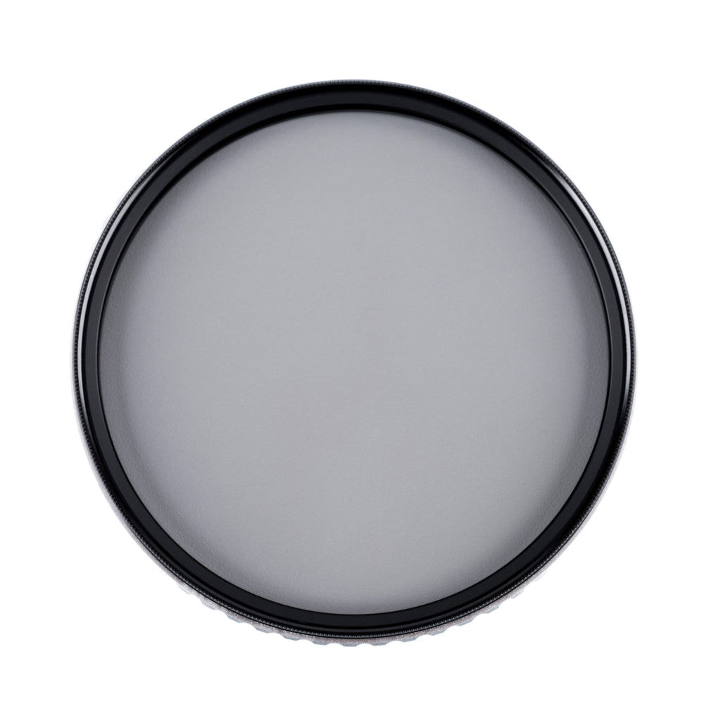 Front view of a circular polarizer filter showing its black metal frame and translucent gray glass element against a white background.
