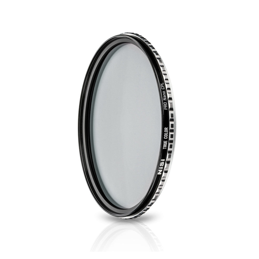 Angled side view of a circular polarizing filter showing the black metal rim with text labeling against a white background.