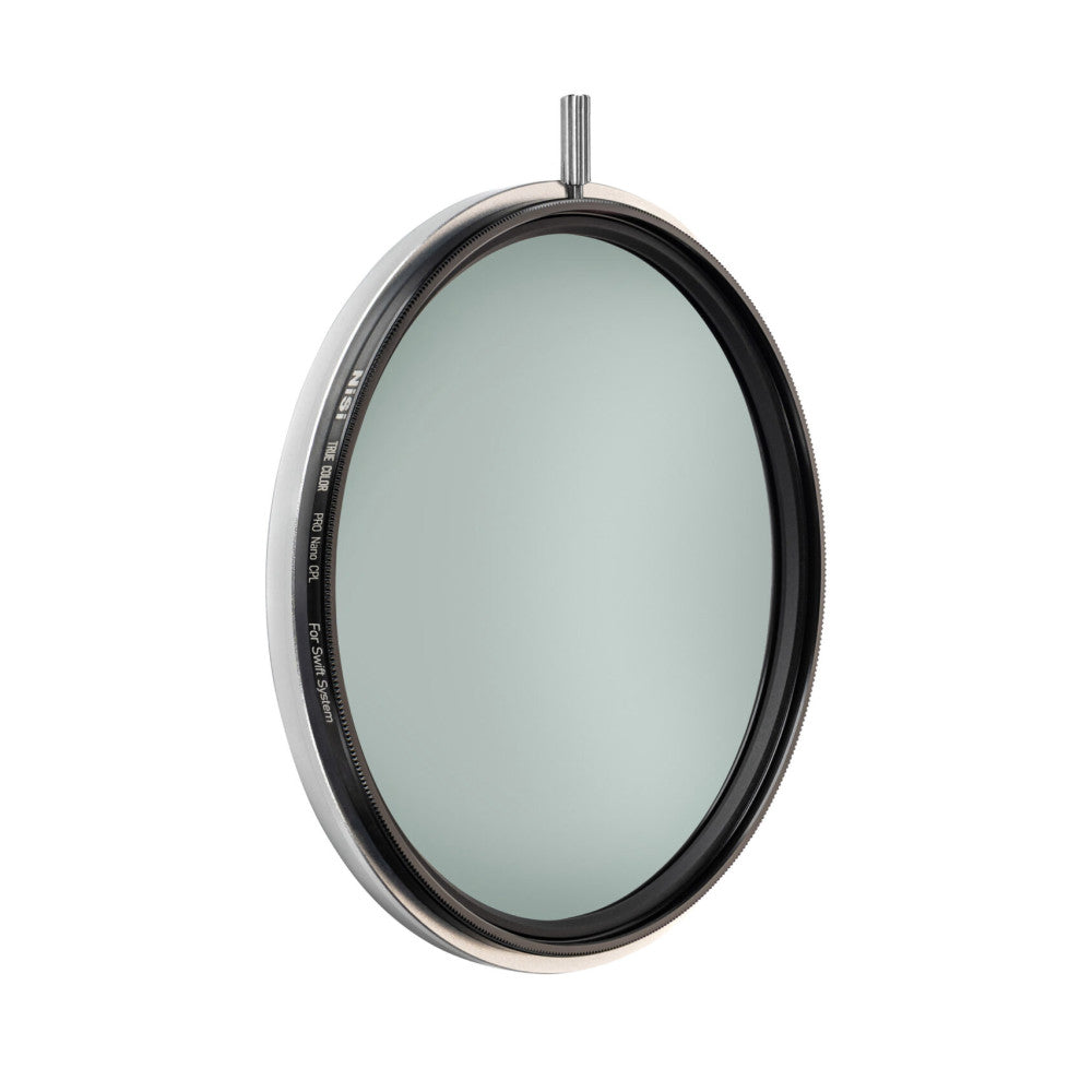 Circular polarizing filter shown at an angle displaying the glass lens surface and metal frame with adjustment knob on top.