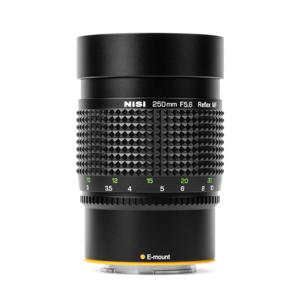 Front view of NiSi 250mm F5.6 Reflex MF lens showing textured barrel, focus ring with distance markings, and E-mount base.