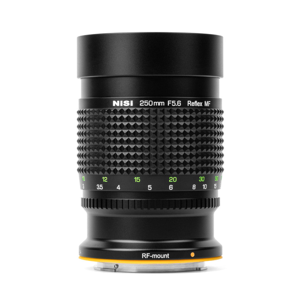 Front view of NiSi 250mm f/5.6 Reflex lens showing textured barrel, focus ring with distance markings, and RF-mount base against white background.