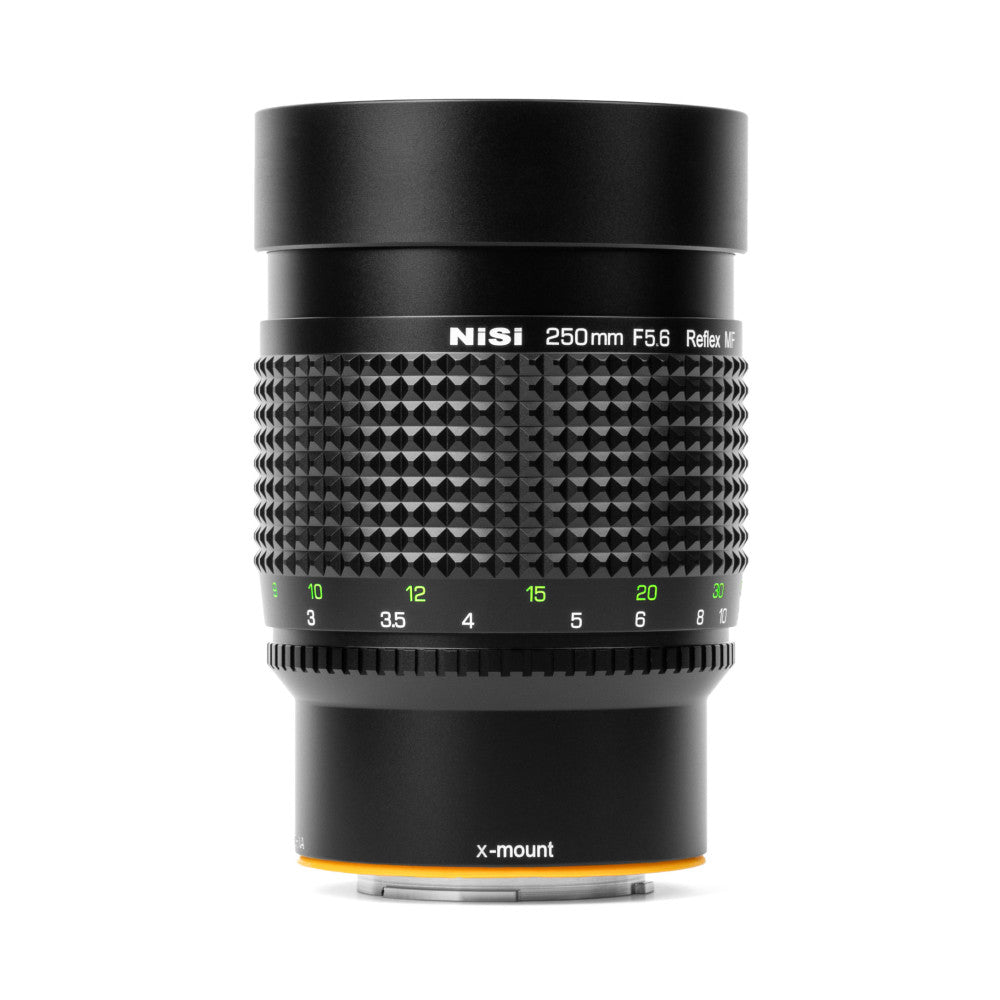 Front view of NiSi 250mm f/5.6 Reflex lens with textured barrel, focus ring with distance markings, and X-mount base against white background.