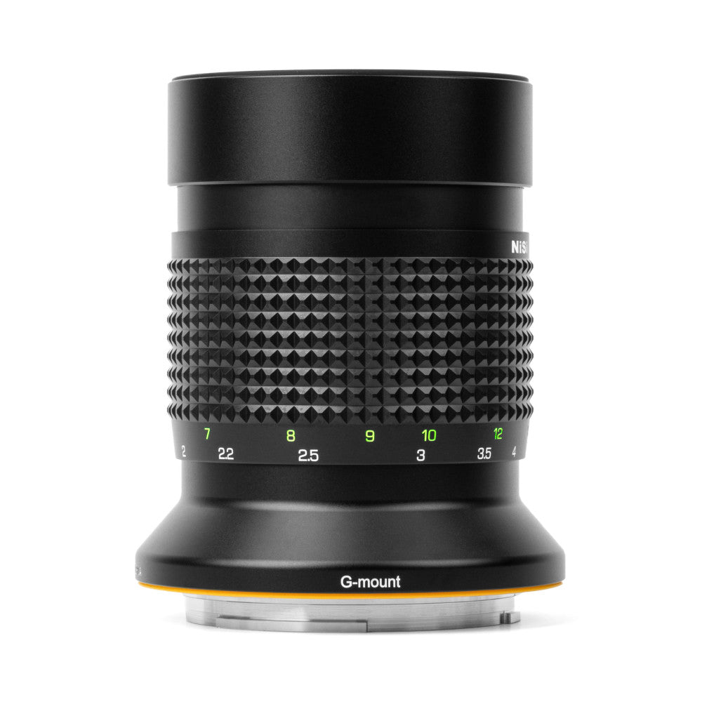 Black NiSi 250mm f/5.6 reflex lens with textured grip band and aperture scale, shown in front view against white background.