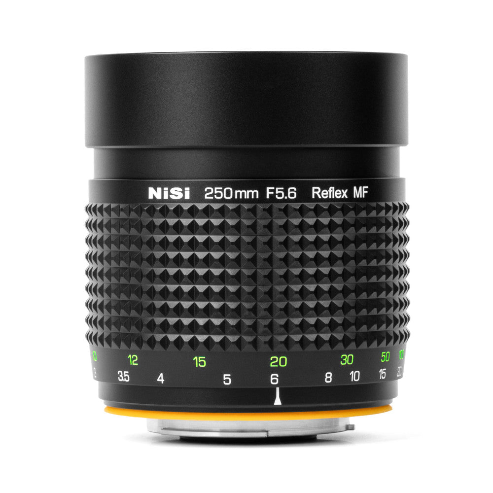 Black NiSi 250mm f/5.6 reflex lens with textured barrel and focus ring showing distance markings, viewed from front angle against white background.