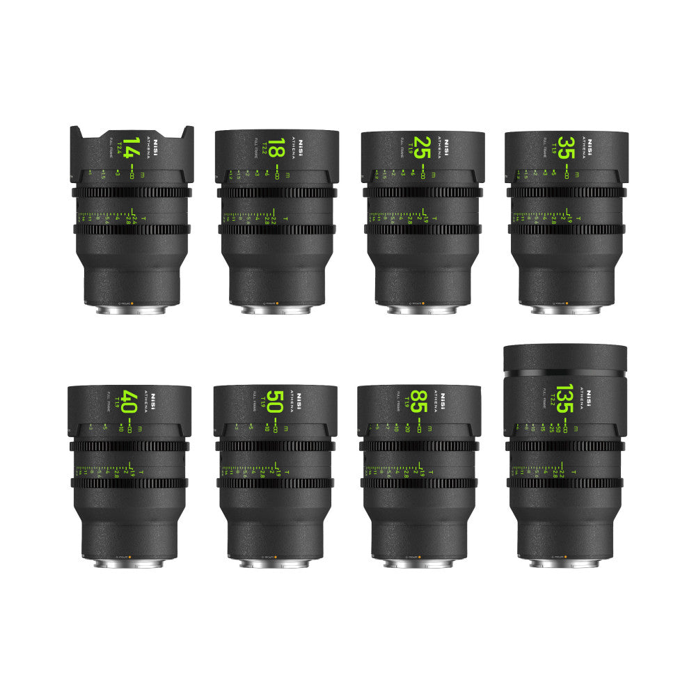 Eight black cinema lenses arranged in two rows, displaying focal lengths from 14mm to 135mm with green markings and focus scales visible.