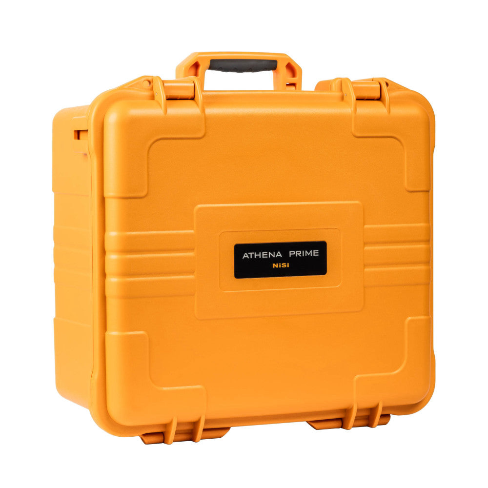 Bright orange protective hardshell case with black label, shown at three-quarter angle against white background.