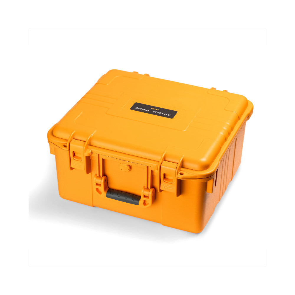Bright yellow hardshell protective case with black handle and label, shown at a three-quarter angle against a white background.