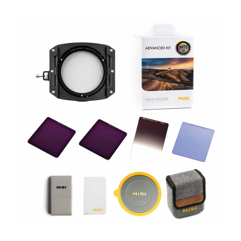 NiSi M75-II Advanced Kit components laid out flat including filter holder, various filters, lens cap, storage pouch, and packaging box.