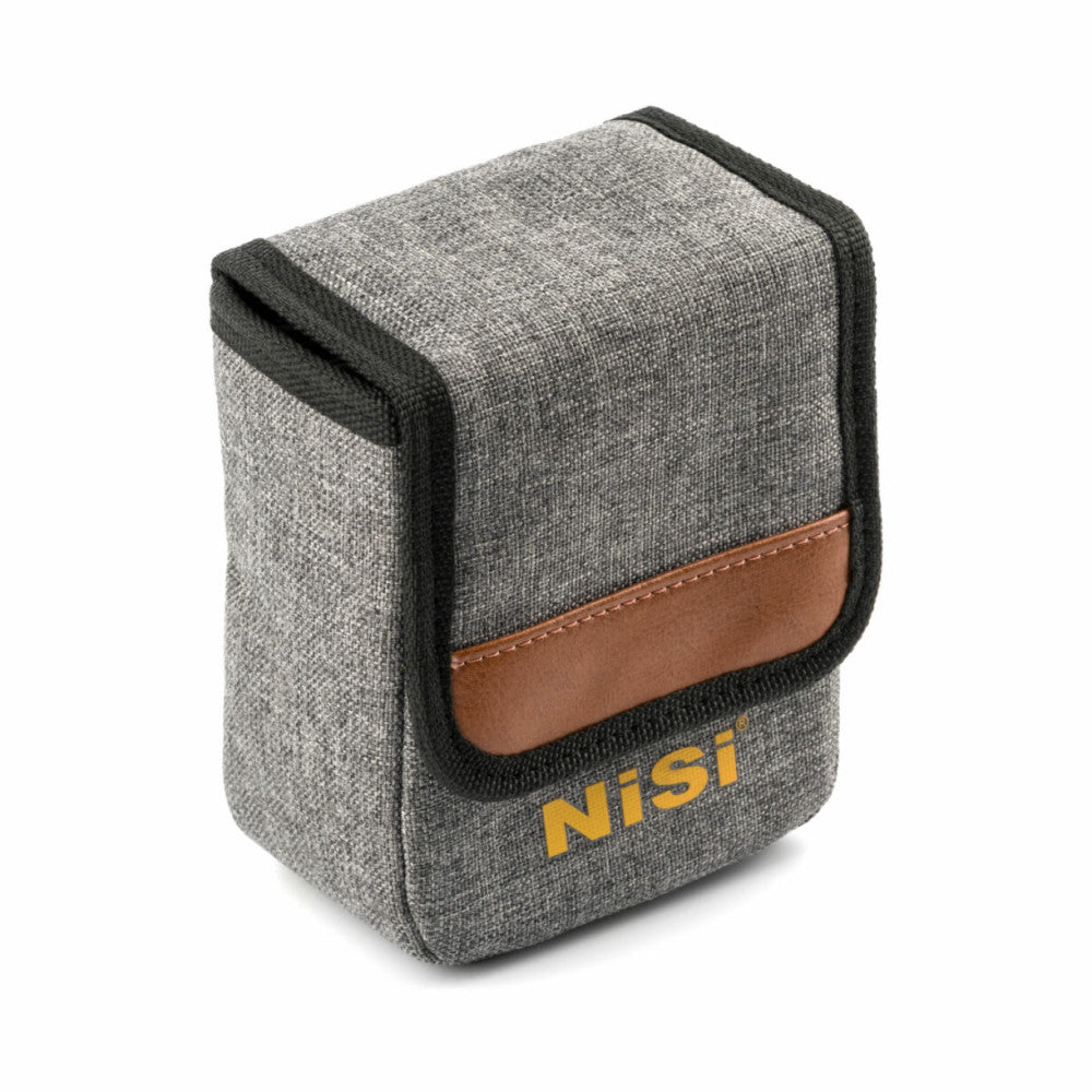 Gray fabric storage pouch with brown leather accent and black trim, featuring NiSi branding in yellow text, shown at an angle against white background.
