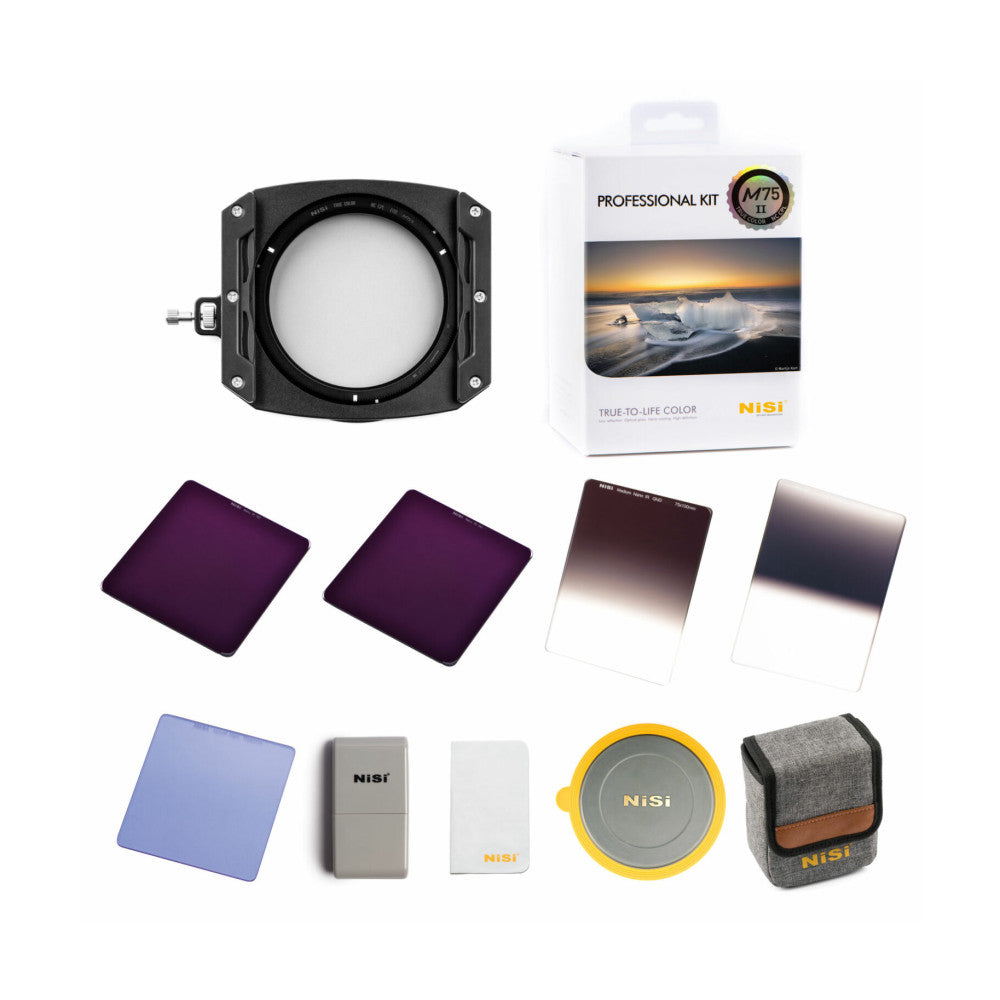 NiSi M75-II filter kit contents displayed flat: holder, filters, lens cap, polarizer, and carrying pouch.