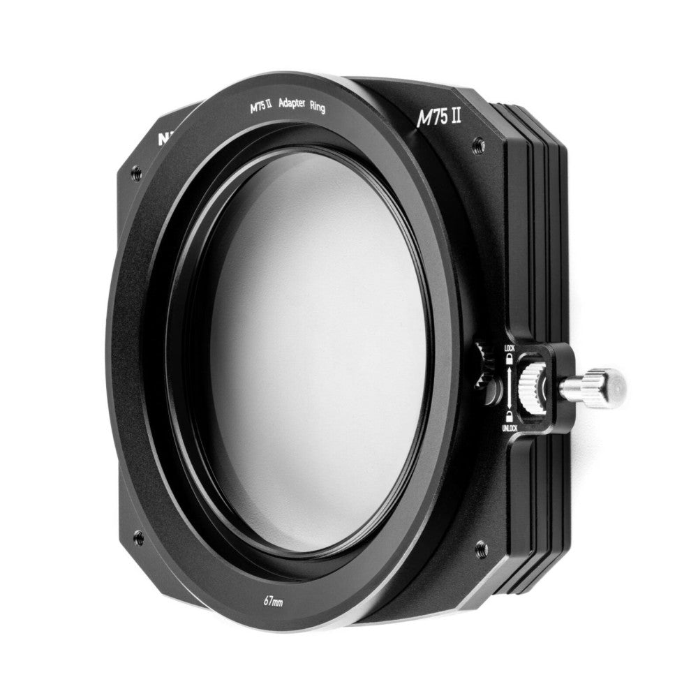NiSi M75 II adapter ring with 67mm filter holder shown at an angle, displaying the front lens opening and side rotation mechanism against white background.