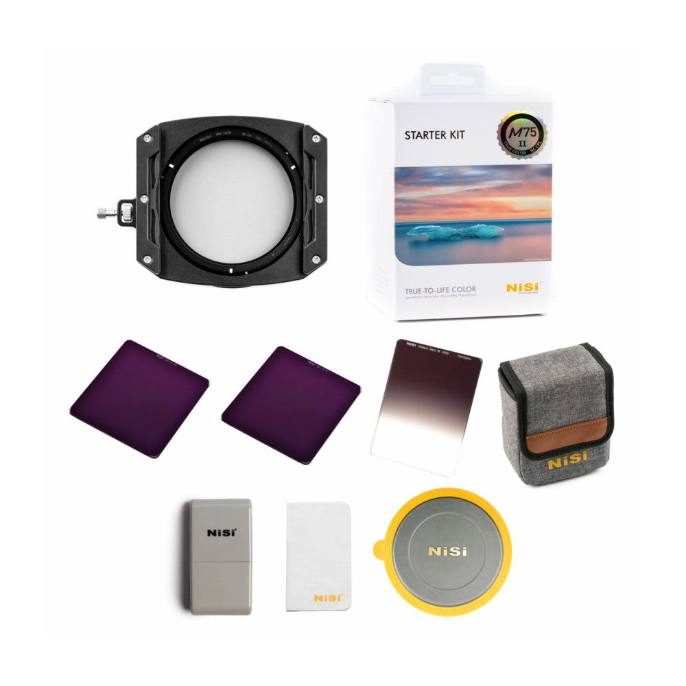 NiSi M75-II starter kit contents laid out flat: filter holder, two ND filters, gradient filter, fabric pouch, lens caps, cleaning cloth, and product box.