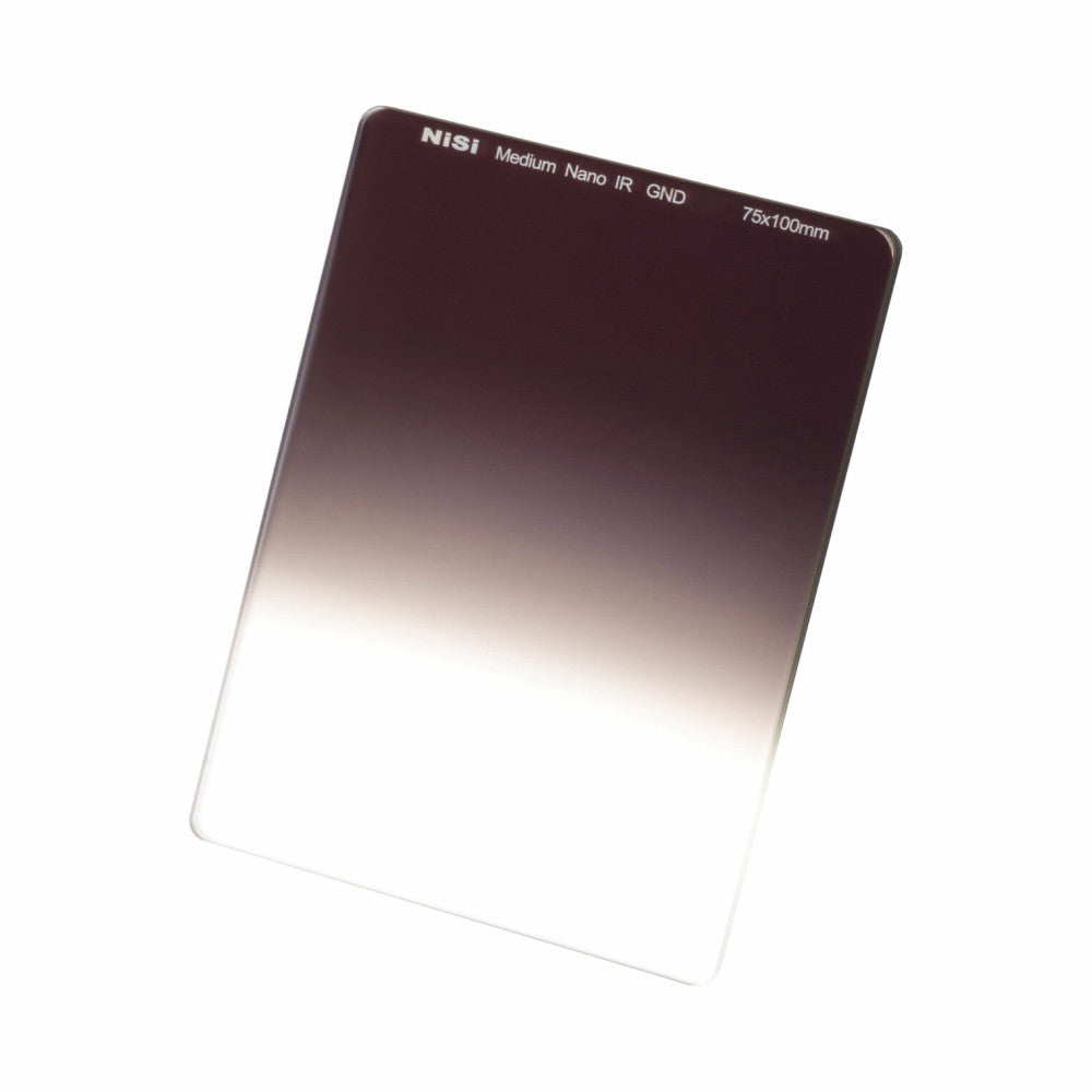 NiSi Medium Nano IR GND filter displaying gradient from dark brown top to clear bottom, 75x100mm size visible on white background.