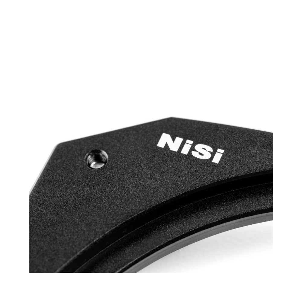 Close-up detail of NiSi M75-II filter holder showing textured black surface, brand logo, and mounting screw against white background.