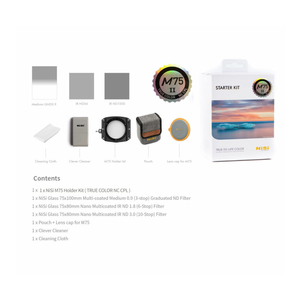 NiSi M75 II Starter Kit contents displayed including filters, holder, pouch, cleaner, and packaging box with sunset landscape image.