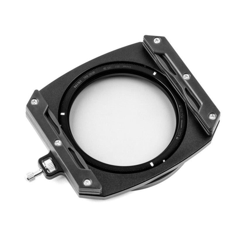 Black square filter holder system with circular lens mount, shown at an angle against white background, displaying mounting bracket and adjustment mechanisms.