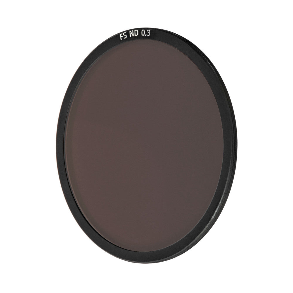 Front view of a circular dark gray ND filter with black aluminum frame, labeled "FS ND 0.3" at the top.