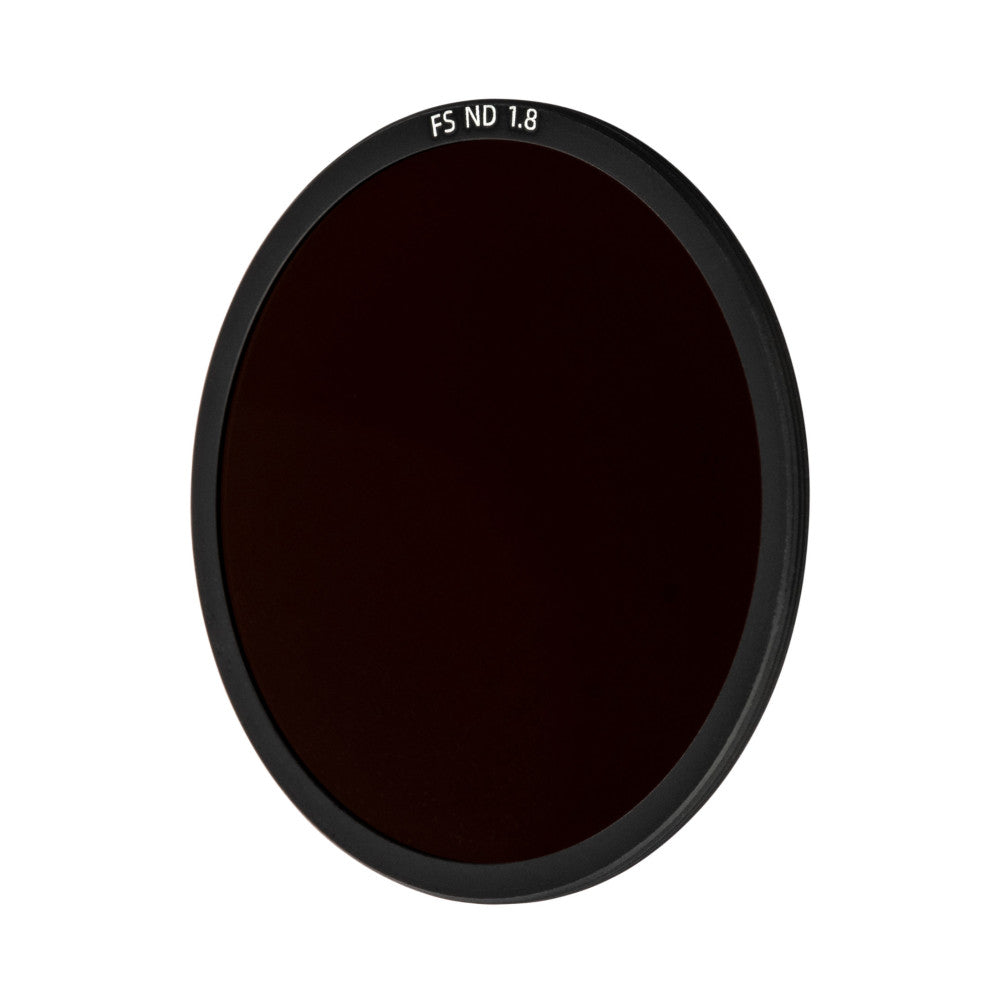 Front view of a circular dark neutral density filter with black aluminum ring and "FS ND 1.8" text printed at the top.