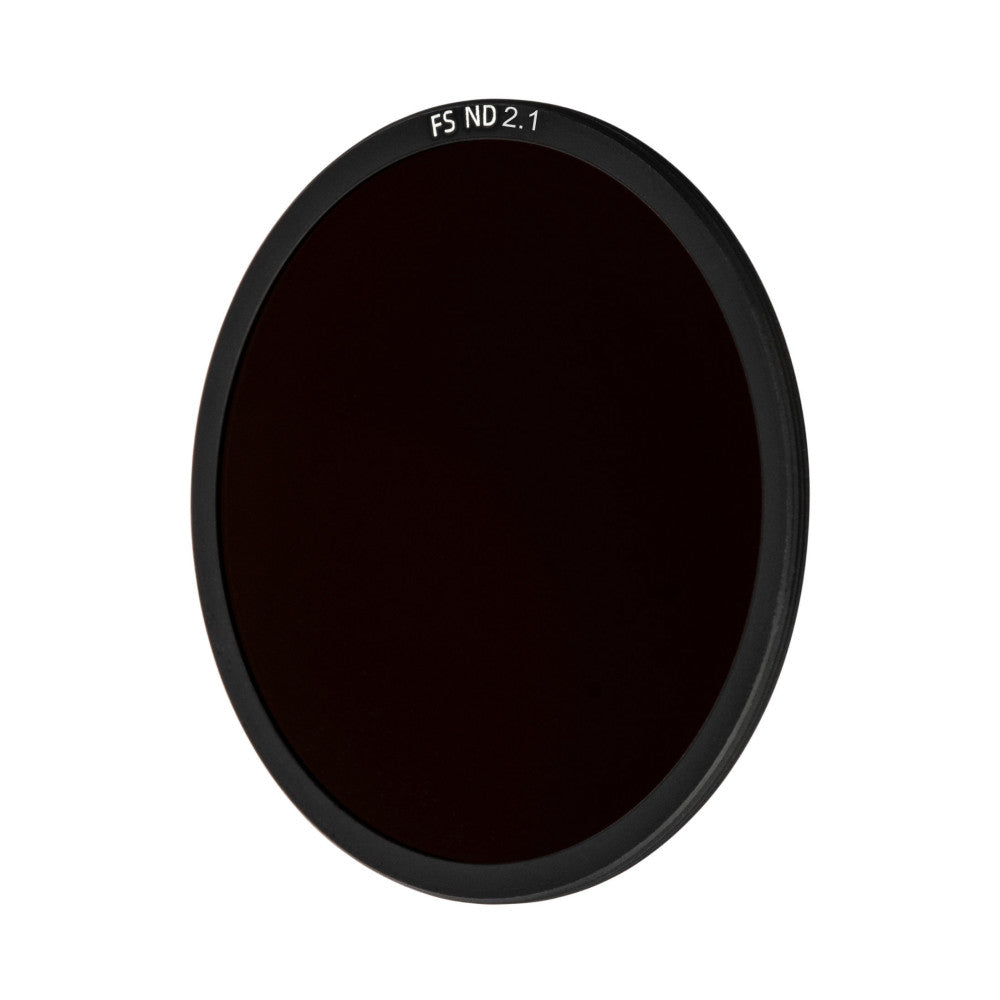 Front view of a circular dark ND filter with black aluminum frame, labeled "FS ND 2.1" at the top.