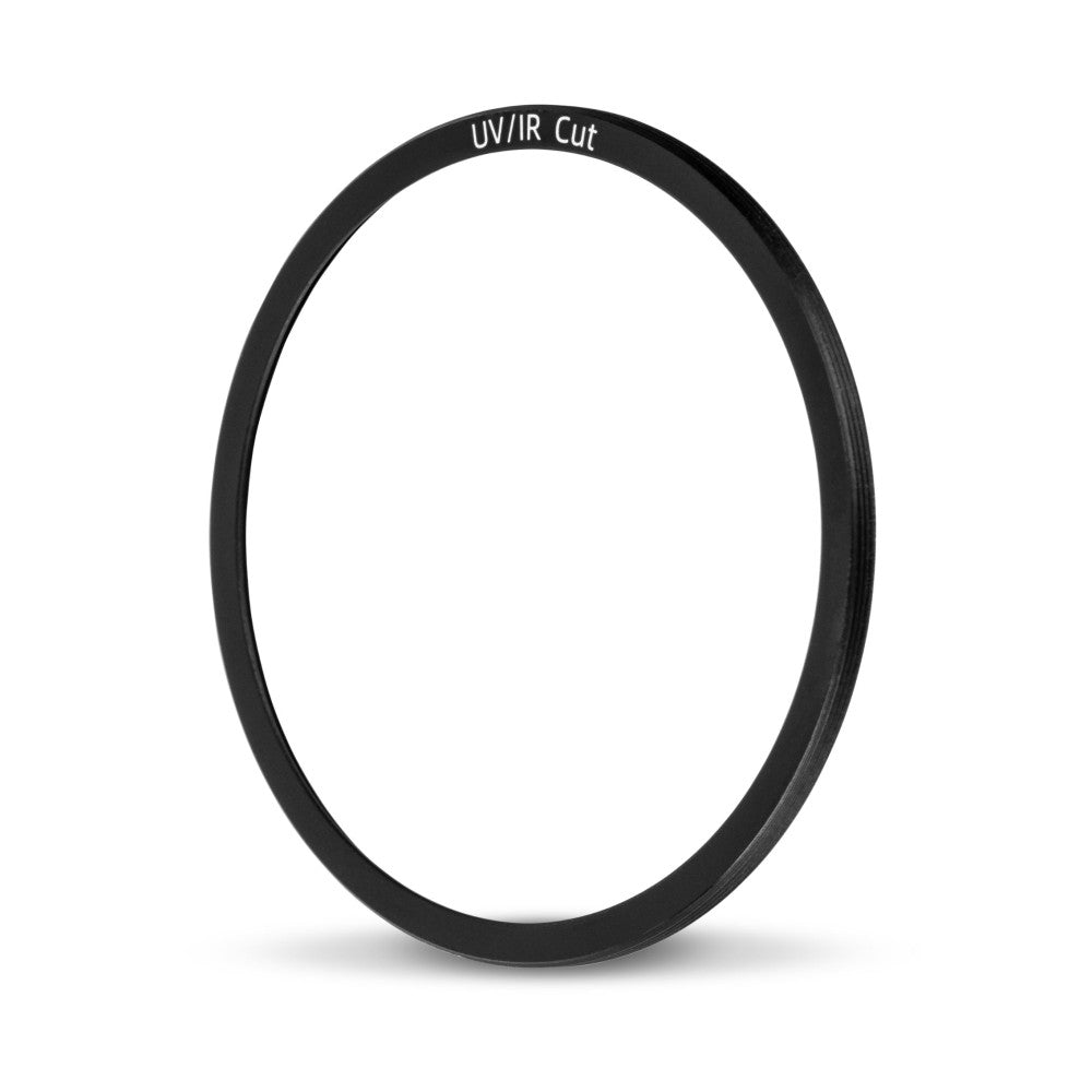 Black circular UV/IR cut filter ring displayed at a slight angle against white background, showing text on upper edge.