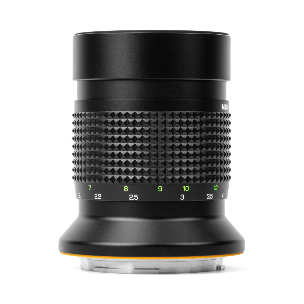 Black telephoto lens with textured grip band and focal length markings displayed against white background, front view.