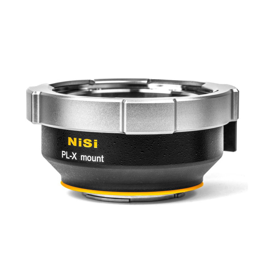 NiSi PL-X mount adapter shown from side angle, displaying silver top ring, black body with yellow branding stripe, and metal coupling ring.