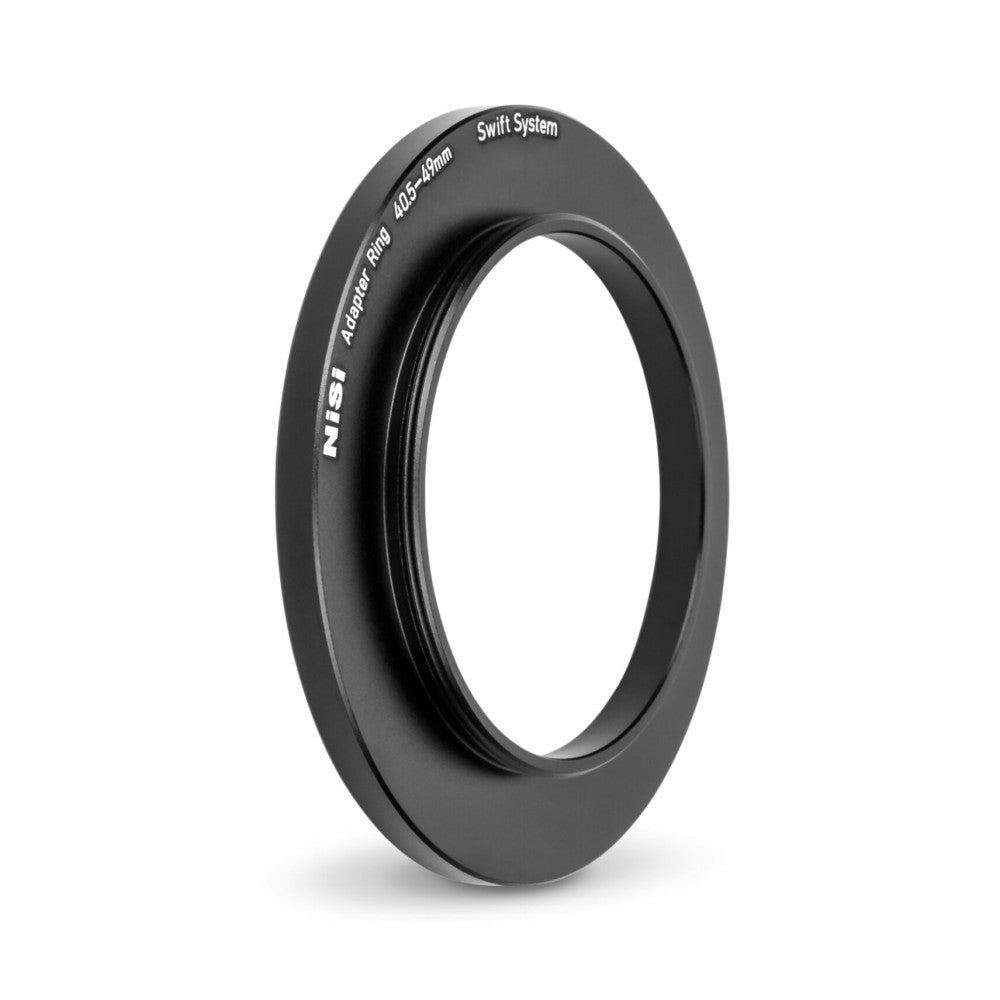 Black circular adapter ring shown at an angle against white background, displaying engraved specifications on outer edge.