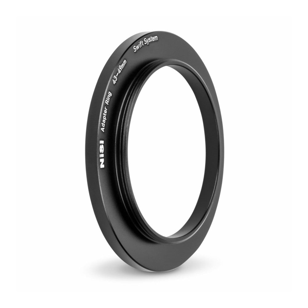 Black circular adapter ring with "NiSi" and "43-49mm Swift System Adaptor Ring" text, photographed against white background at an angle.