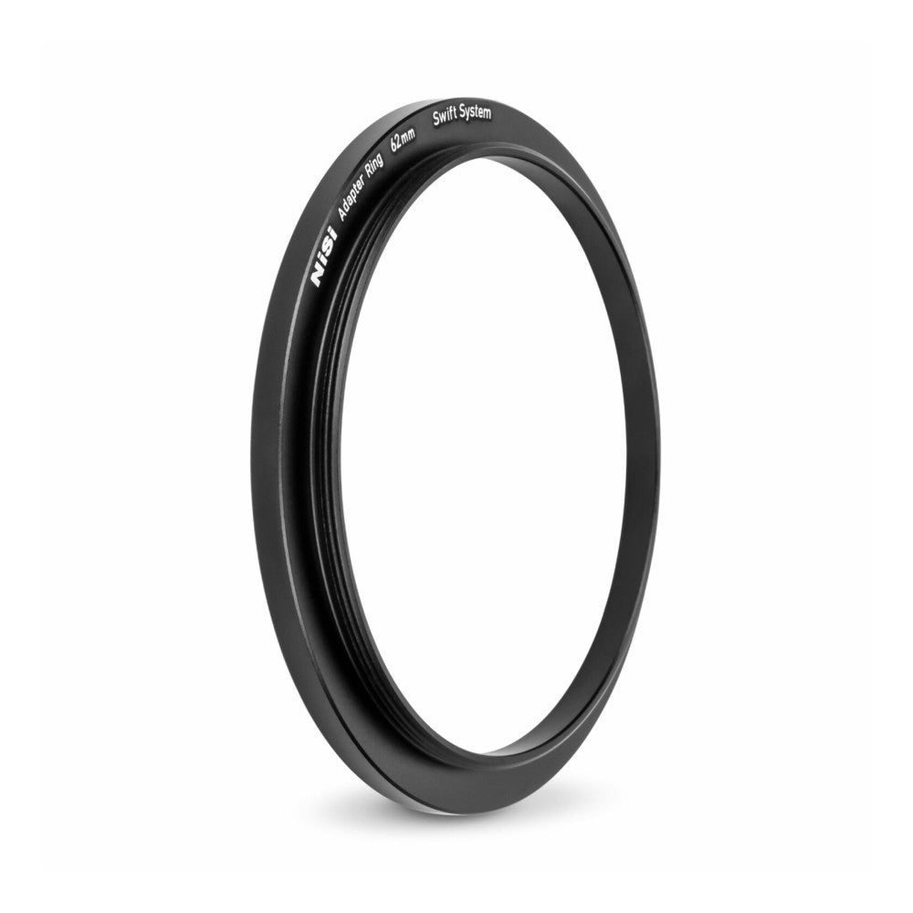 Black circular adapter ring shown at an angle, displaying "NiSi SWIFT Adapter Ring 62mm" text on the outer surface against a white background.