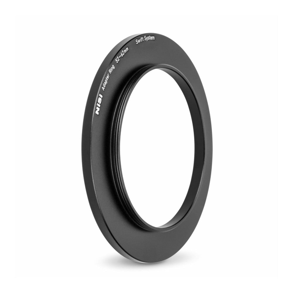 Black circular adapter ring shown from side angle, displaying engraved text and Swift System branding on outer surface.