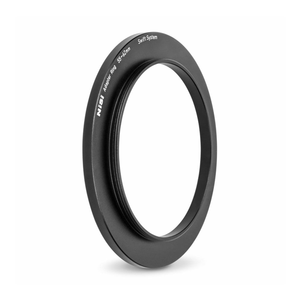 Black circular adapter ring photographed at an angle, showing engraved text "NiSi Adaptor Ring 55-62mm Swift System" on the outer surface.
