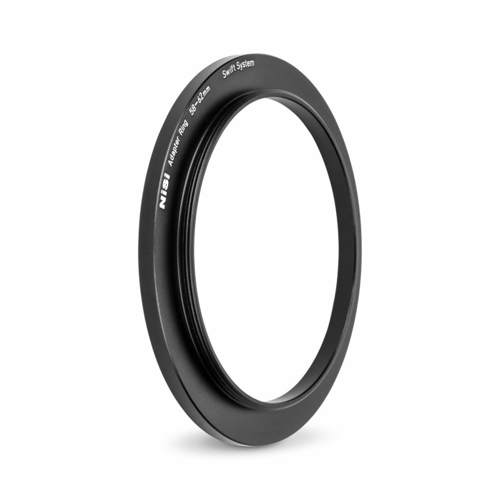 Black circular adapter ring shown at a slight angle, displaying engraved text indicating 58-62mm compatibility and Swift System branding.