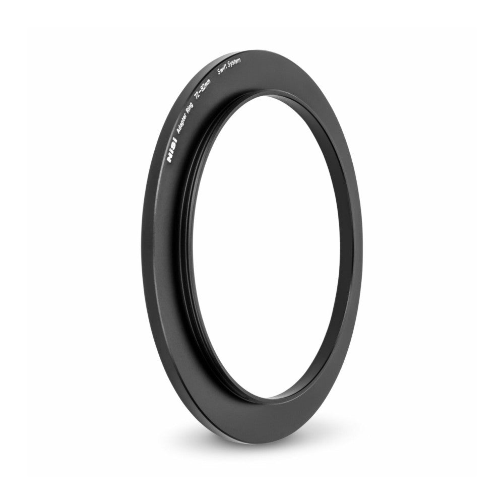 Black circular adapter ring photographed at an angled side view, showing the text "NiSi" and "72-82mm Swift System" on the outer edge against a white background.