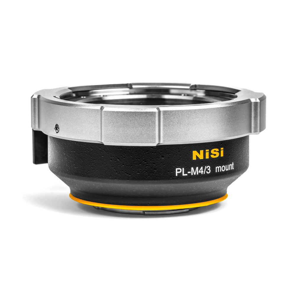 NiSi PL-M4/3 lens mount adapter shown from the side angle, displaying silver top ring with black grip base and yellow accent ring.