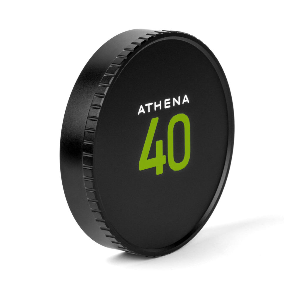 Black circular lens cap for NiSi ATHENA 40mm cinema lens, angled view showing front face with green "40" marking and textured grip edge.