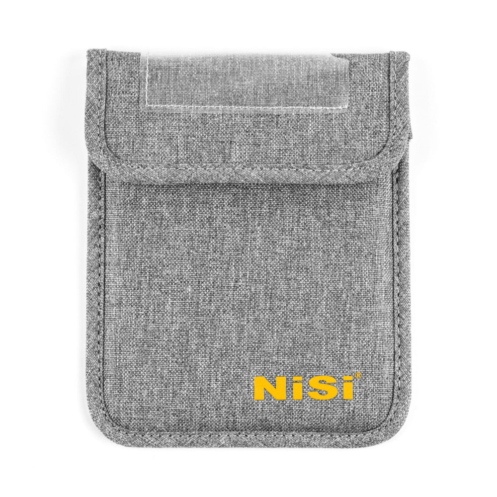 Gray fabric filter bag with yellow "NiSi" branding, shown flat lay from front view against white background.