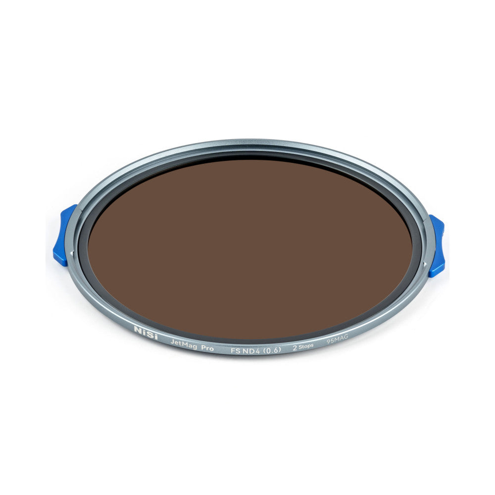Overhead view of a circular ND filter with gray metal rim, brown-tinted glass center, and blue magnetic handles on sides against white background.