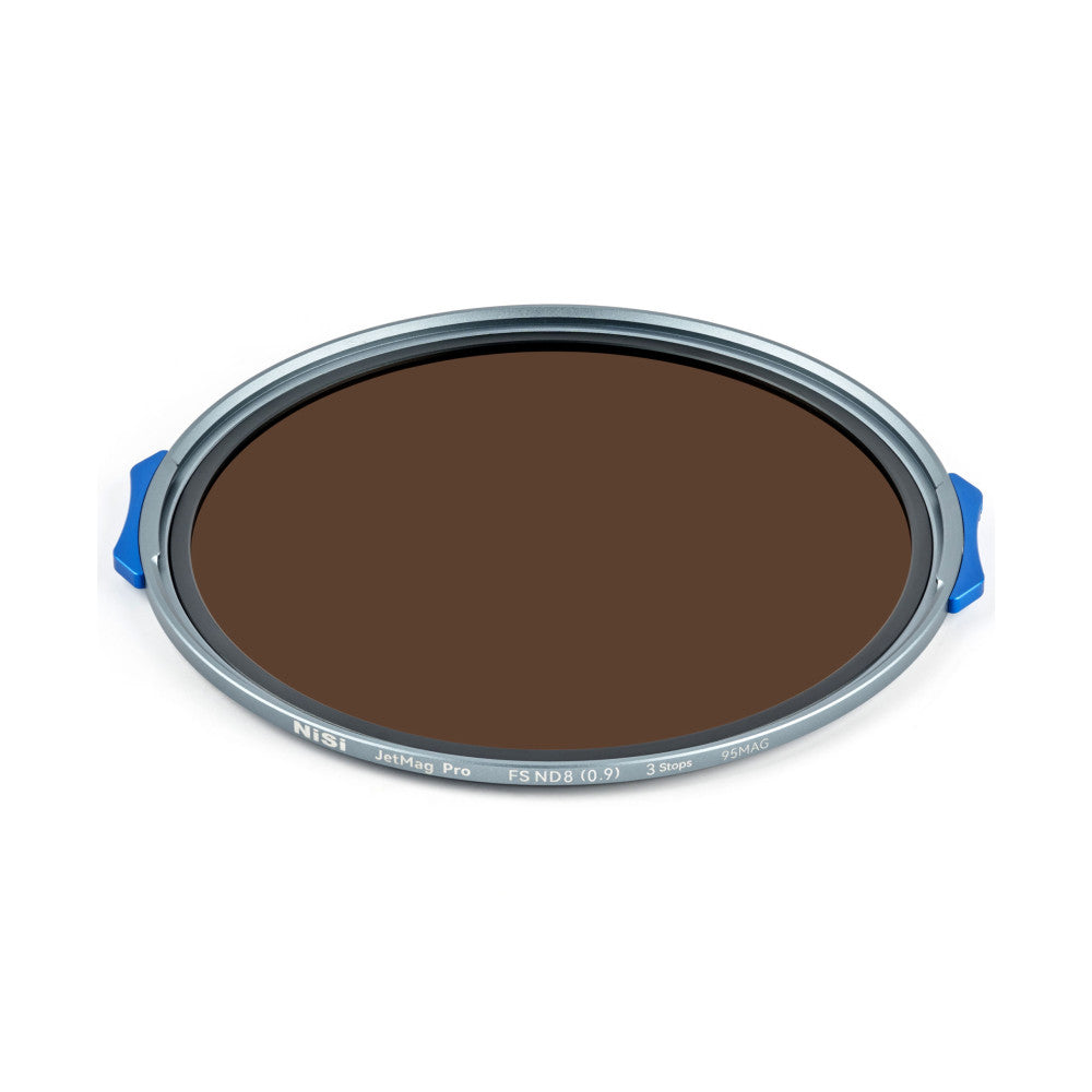 Overhead view of a circular magnetic ND filter with dark brown tinted glass, silver metal ring, and blue handles on white background.