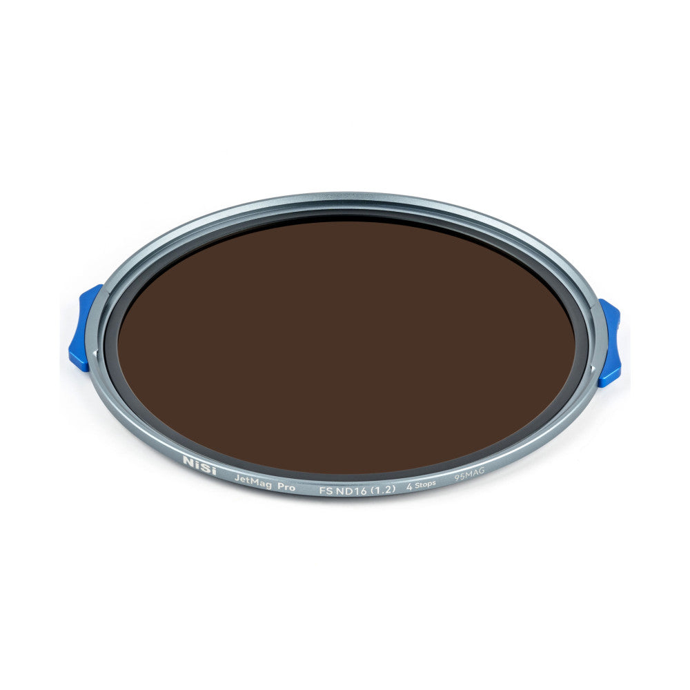 Angled top-down view of a circular gray magnetic ND filter with dark brown glass and blue magnetic handles against white background.