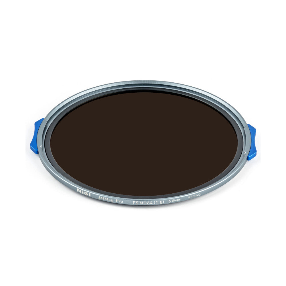 Angled top-down view of a circular ND filter with blue handles, showing the dark glass surface and silver metal ring with product labeling.