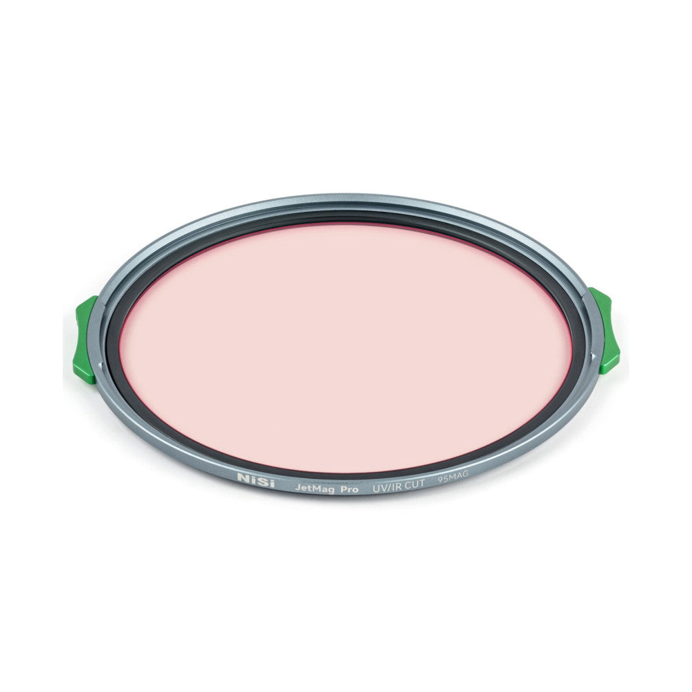 NiSi JetMag Pro UV/IR CUT magnetic filter shown at an angle, displaying its gray metal rim with green handles and pink-tinted glass center.