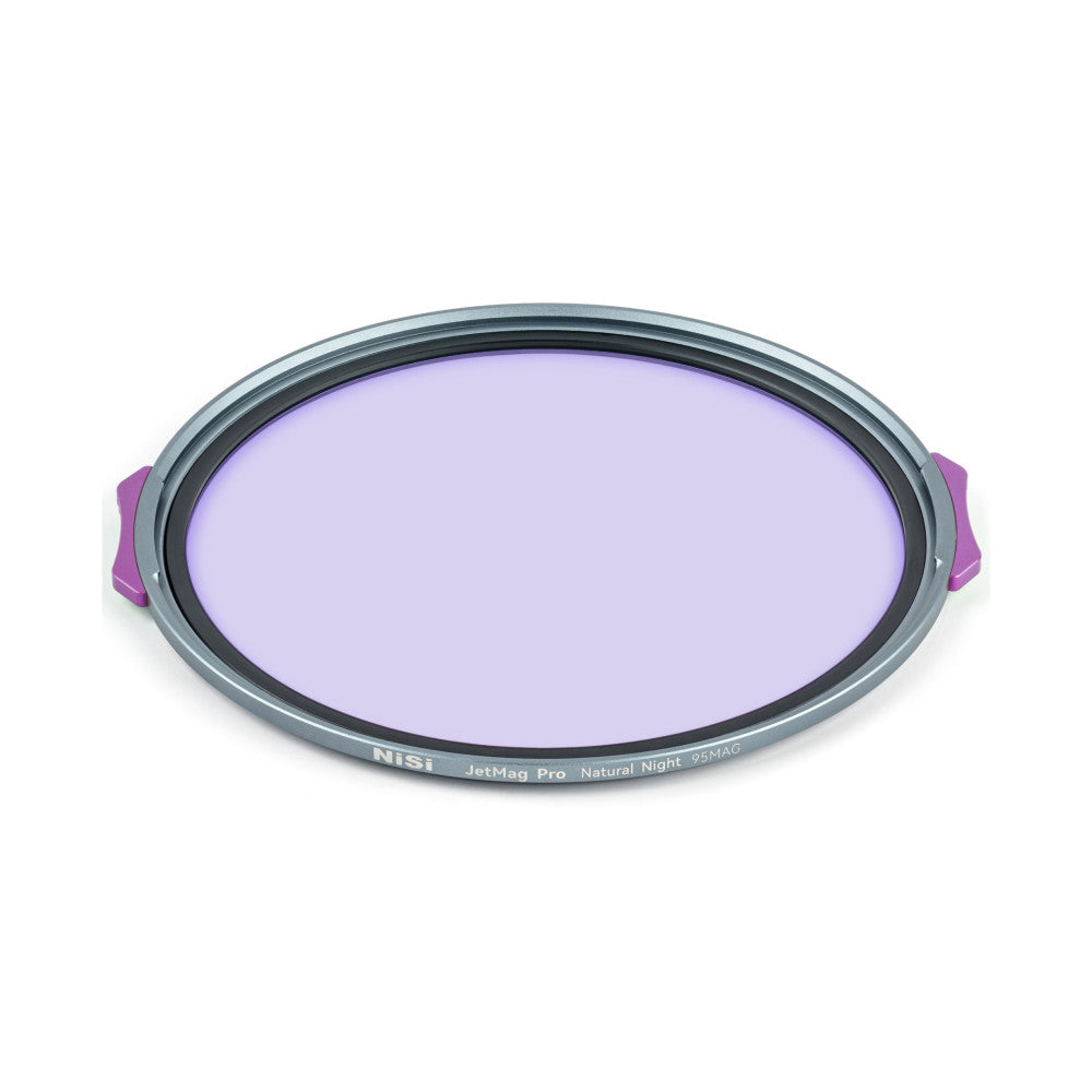 NiSi JetMag Pro Natural Night 95mm magnetic filter shown at an angle displaying the purple handles and light purple-tinted glass against a white background.