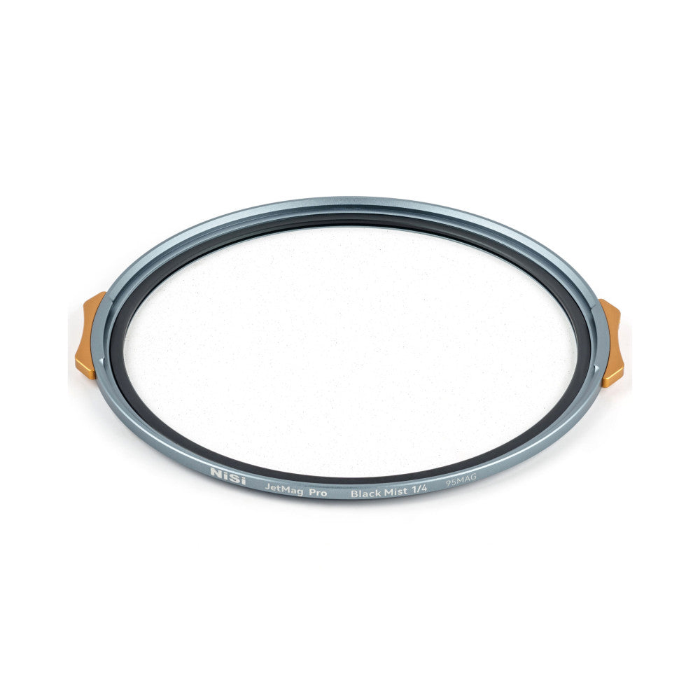 Circular magnetic camera filter with gray metal frame and brown handles, viewed from above at an angle against white background.