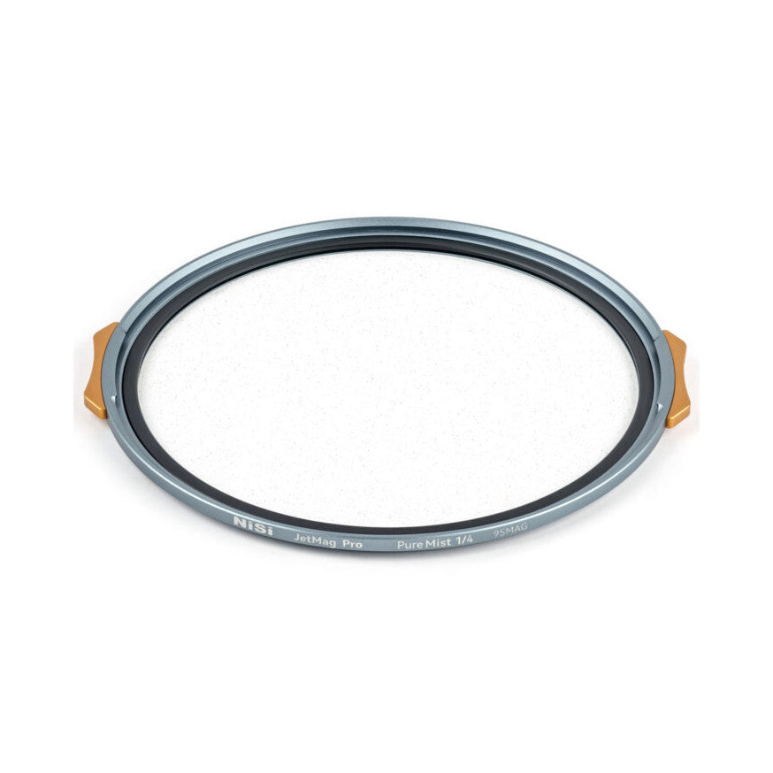 Overhead view of a circular gray magnetic filter with orange handles on sides, showing the filter's rim and white mist center surface against a white background.