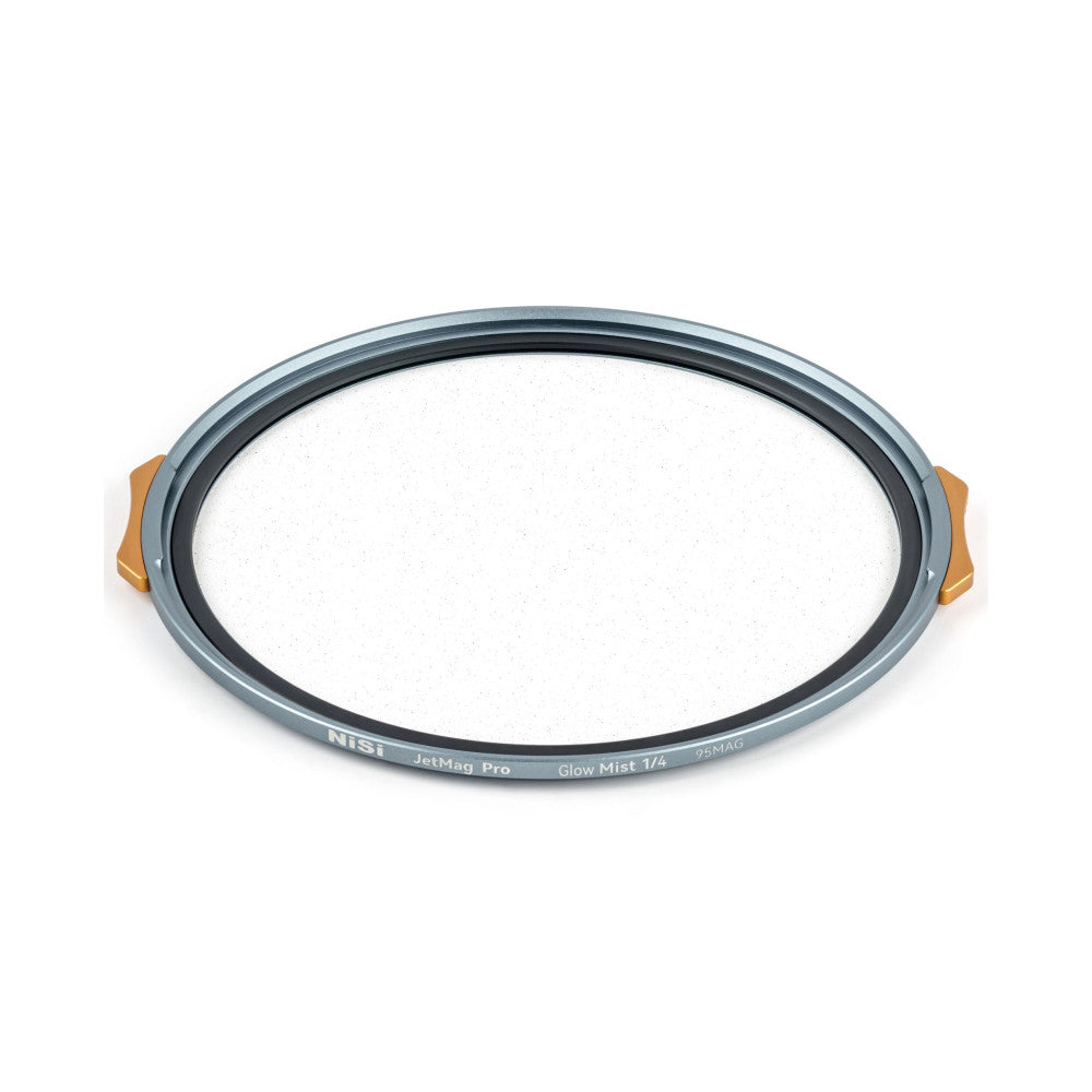 Overhead angled view of a circular magnetic filter with gray metal ring, black inner surface, and two brown/tan handles on opposite sides against a white background.