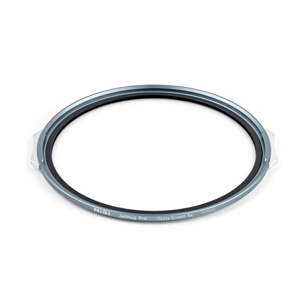 Angled overhead view of a circular magnetic filter ring with gray metal frame and black interior, showing NiSi branding and filter specifications on the rim.